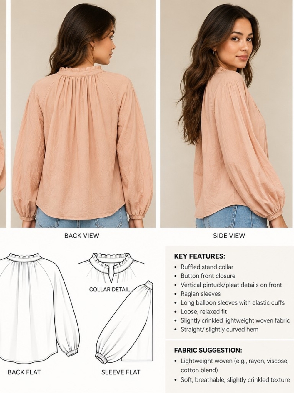 mittoshop Ruffled Stand-Collar Blouse - Blush